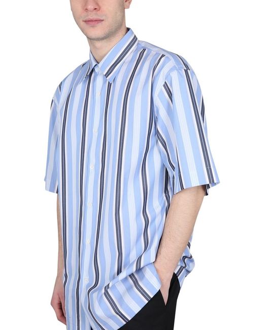 Dries Van Noten Blue Short-Sleeved Striped Shirt for men