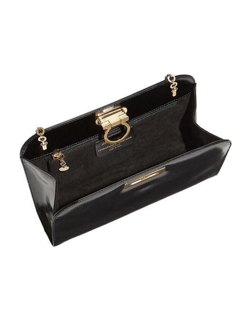 Ferragamo Black Logo Plaque Chain Linked Clutch