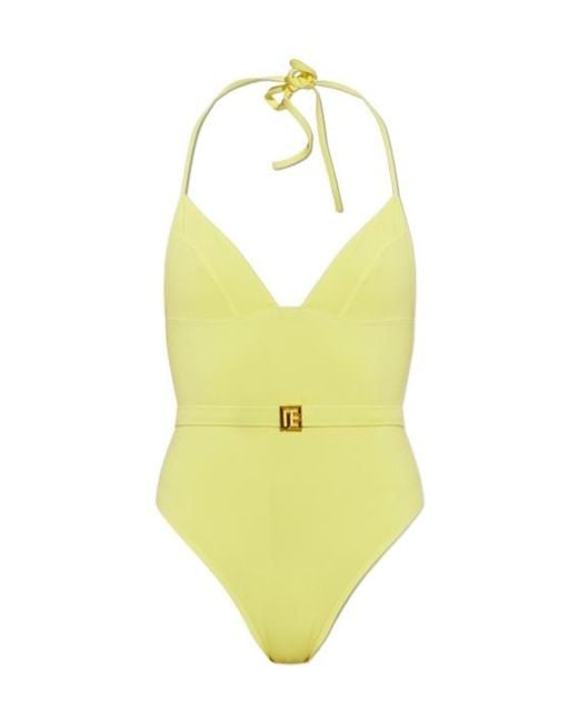 Balmain Yellow Belted Logo-Plaque Swimsuit