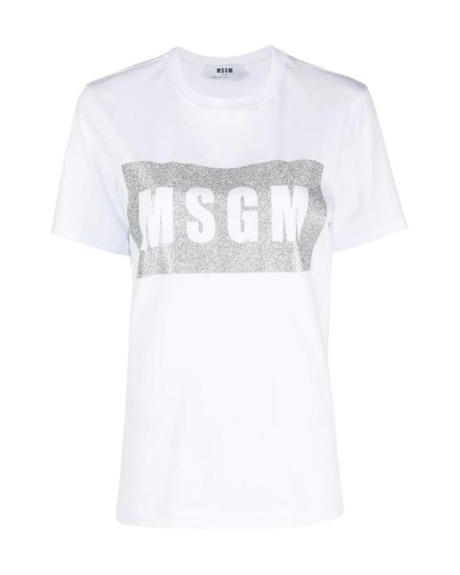 MSGM White Logo-Print Glitter T-Shirt