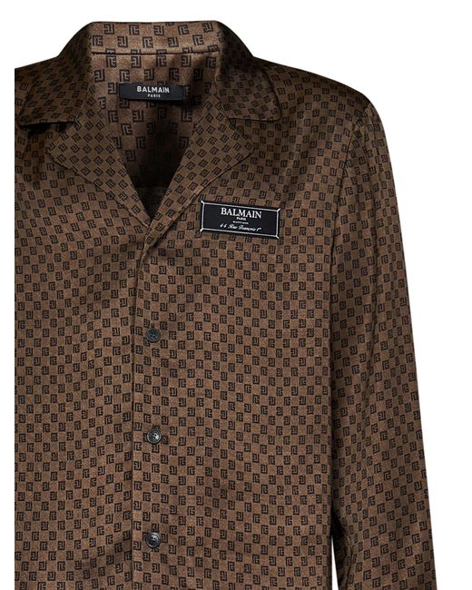 Balmain Brown Monogram-Print Satin Shirt for men