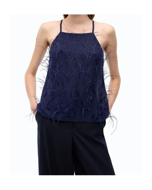 Pinko Blue Feather-Trim Sequin-Embellished Top