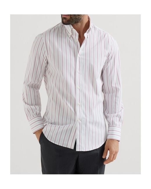 Brunello Cucinelli White Stripe-Pattern Button-Down Collar Shirt for men