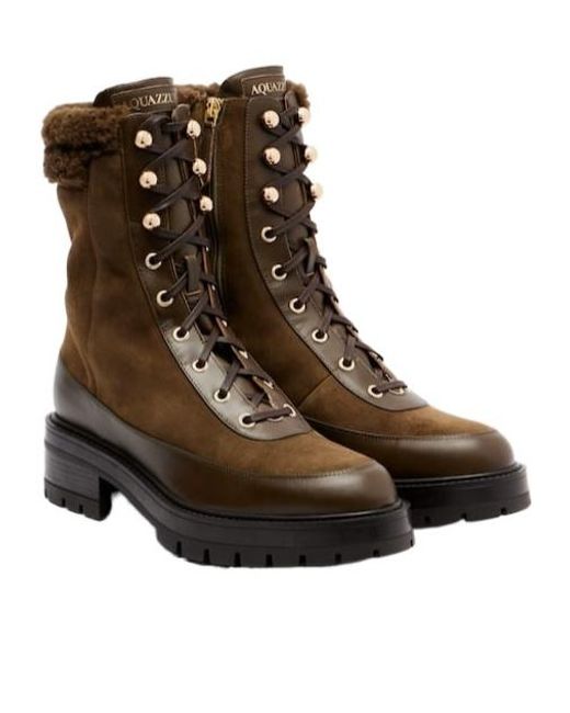Aquazzura Brown Shearling-Trimmed Suede Lace-Up Boots