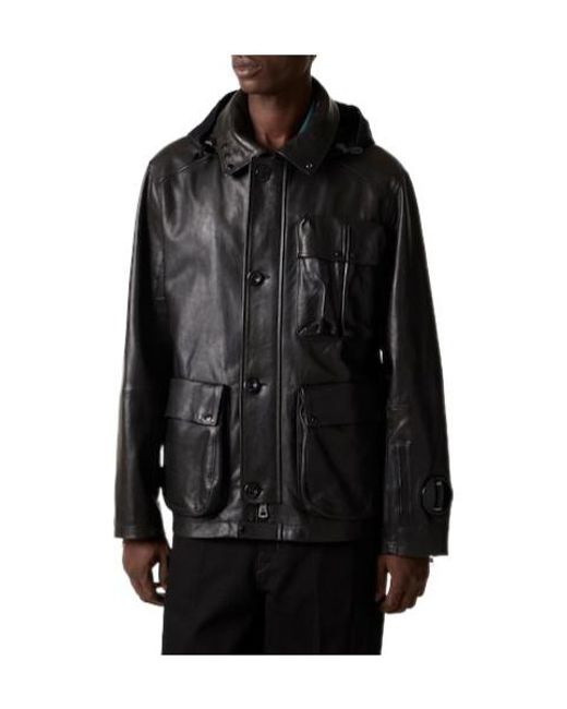 C P Company Black Solid Color Leather Jacket for men