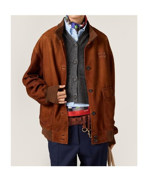 Miu Miu Brown Suede Pocket Bomber Jacket