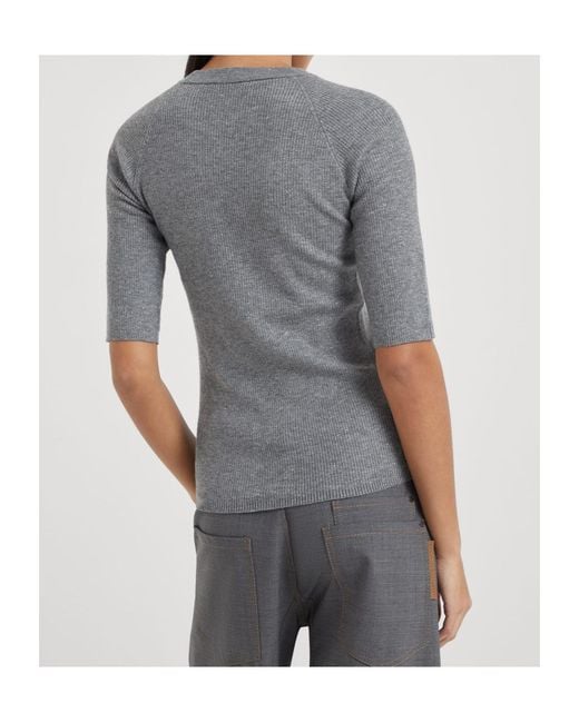 Brunello Cucinelli Gray Ribbed Speckle-Knit Top