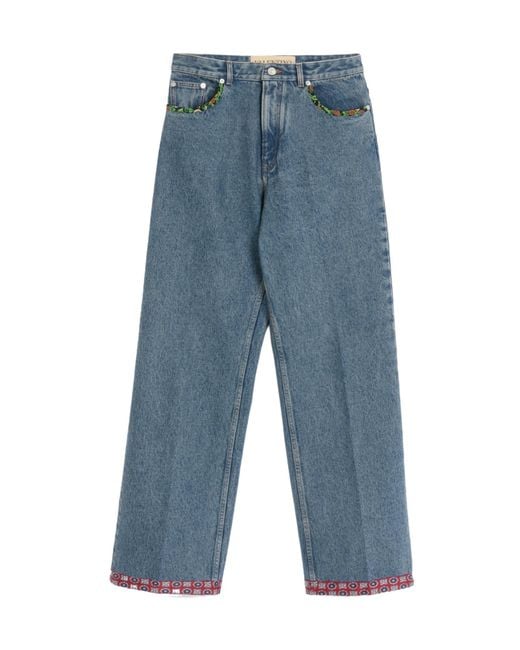 Valentino Blue Denim Trousers With Printed Border for men
