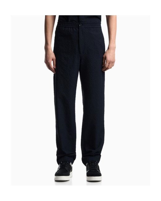 Emporio Armani Blue Seersucker-Texture Straight Leg Trousers for men
