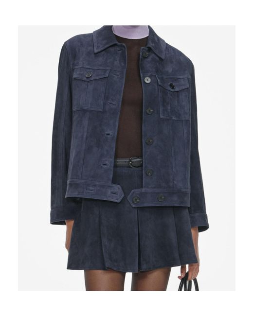 Self-Portrait Blue Flap-Pocket Suede Jacket