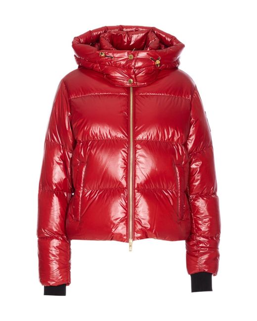 Moose Knuckles Red Quilted Hooded Jacket Zip Pockets