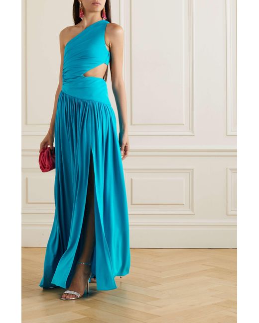 Michael Kors Blue One-shoulder Cutout Gathered Jersey Gown