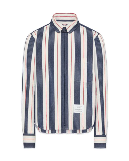 Thom Browne Blue Rounded Collar Striped Zipped Shirt for men