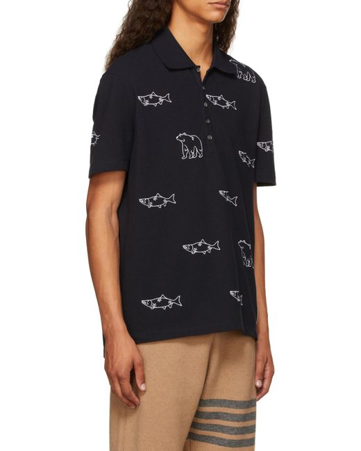 Thom Browne Blue Bear Fish Embroidered Polo Shirt for men