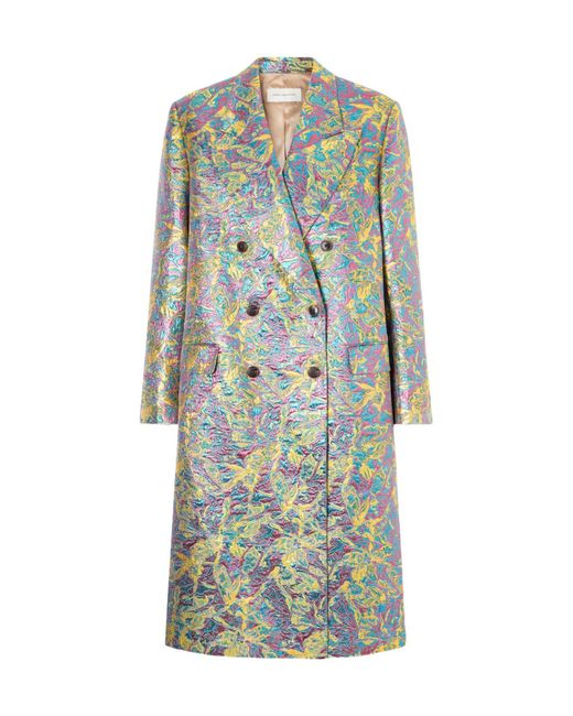 Dries Van Noten Blue Double-Breasted Metallic Floral-Jacquard Long Coat
