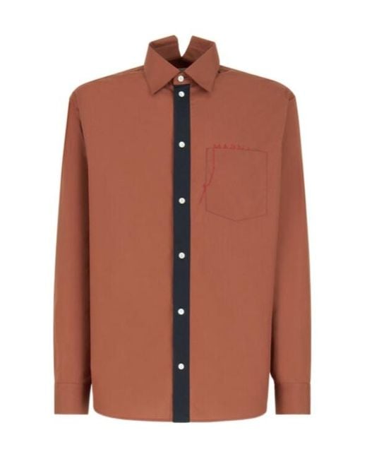 Marni Brown Cotton Poplin Shirt With Mending Logo for men