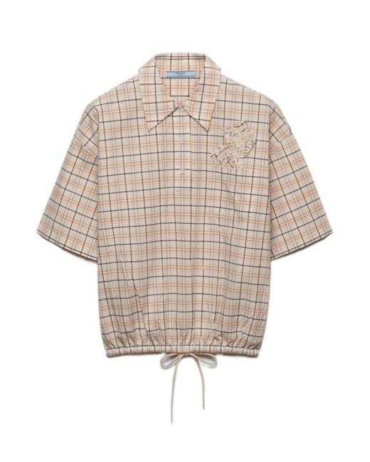Prada Natural Embroidered Checked Poplin Top