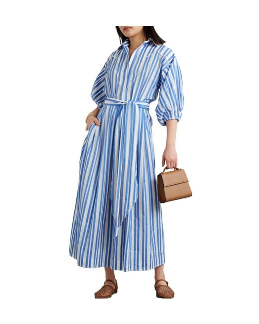 Johanna Ortiz Blue Buena Mar Belted Striped Cotton-Voile Midi Dress