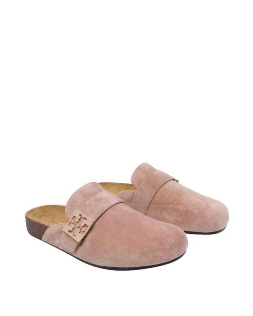 Tory Burch Pink Mellow Metal-Logo Suede Mules