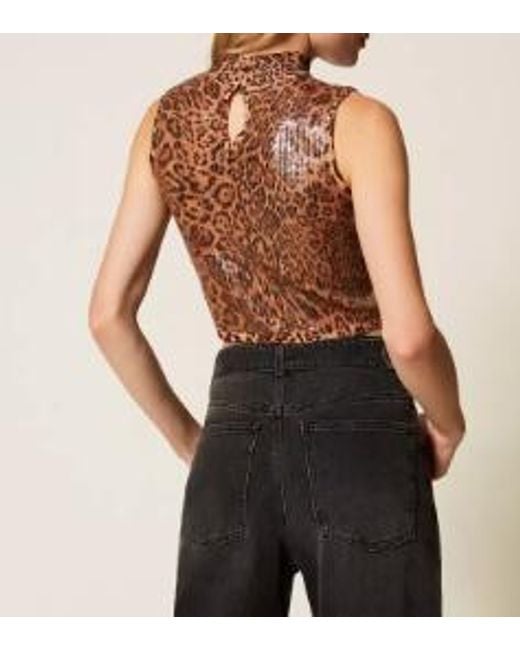 Twinset Brown Leopard-Print Sequin-Embellished Top
