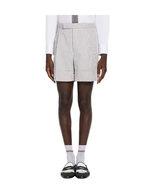 Thom Browne White Striped Seersucker Cuff Shorts for men