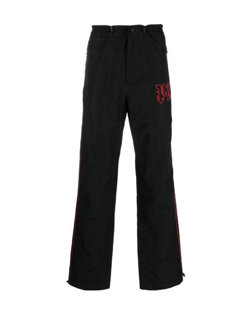 Palm Angels Black Logo-Embroidered Checked Trousers for men