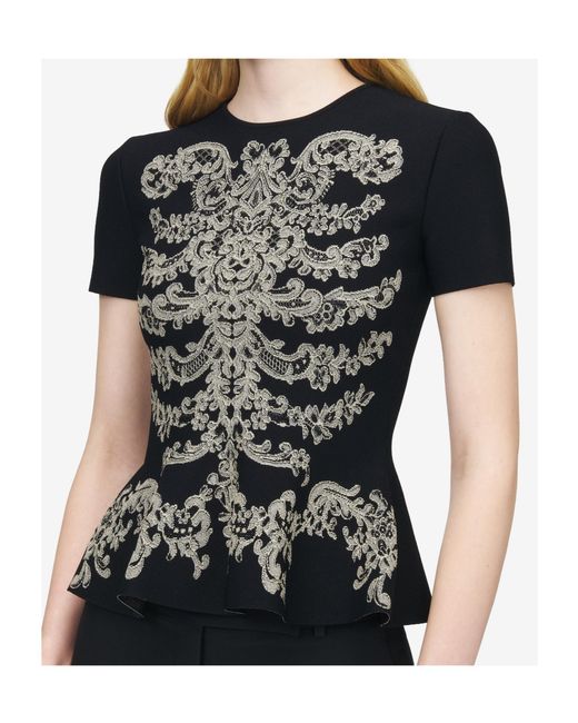 McQueen Black Lace Ribcage Jacquard Peplum Top