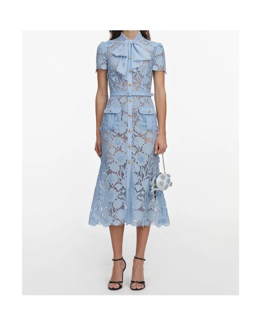 Self-Portrait Blue Lace Tie Neck Midi Dress