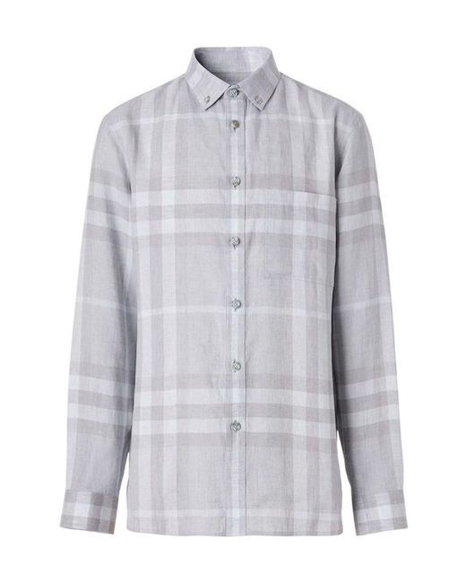 Burberry Gray Button-Down Collar Check Linen Shirt for men