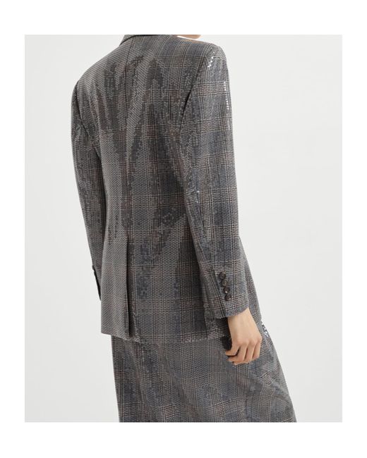Brunello Cucinelli Gray Sequin-Embellished Check-Pattern Blazer