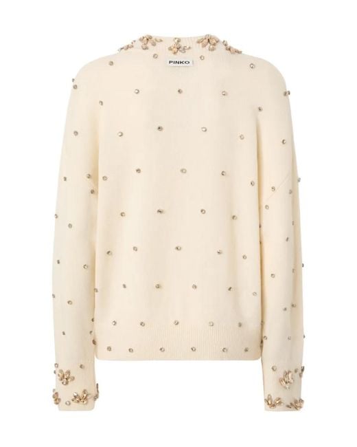 Pinko Natural Crystal-Embellished V-Neck Sweater