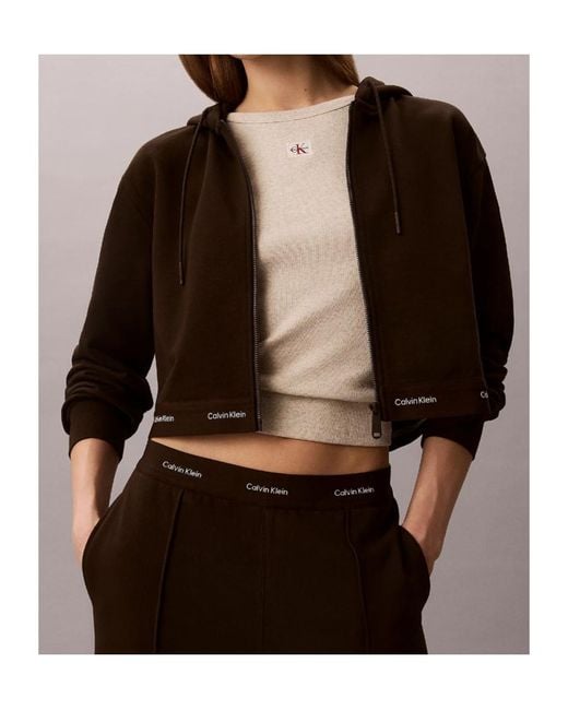 Calvin Klein Black Logo-Tape Cropped Zip-Up Hoodie