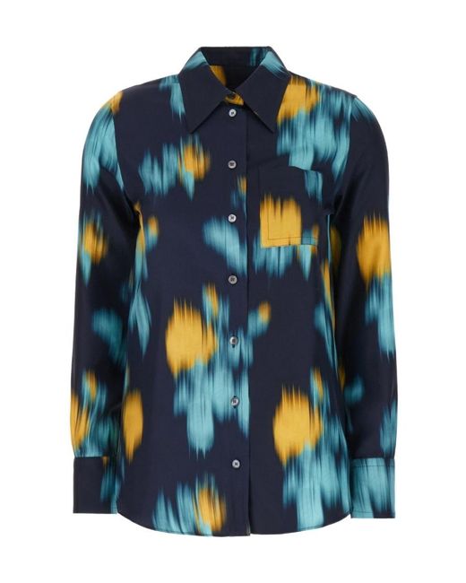 Lanvin Blue Abstract-Print Curved Hem Shirt