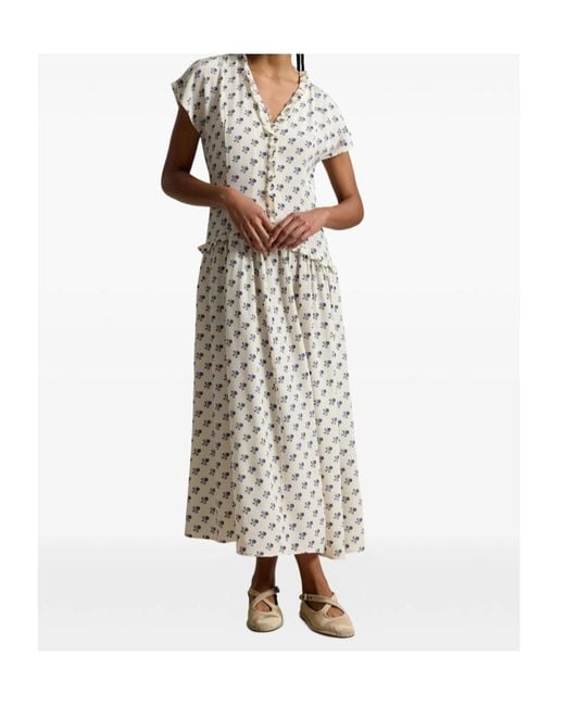 Polo Ralph Lauren White Ruffled Floral Midi Dress