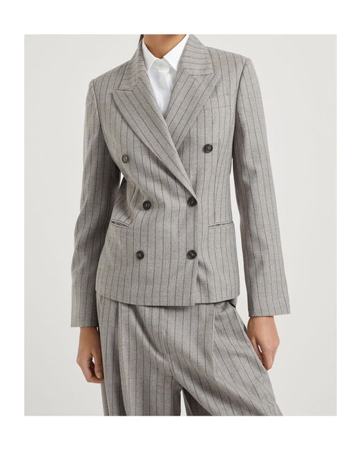 Brunello Cucinelli Gray Pinstripe Double-Breasted Blazer