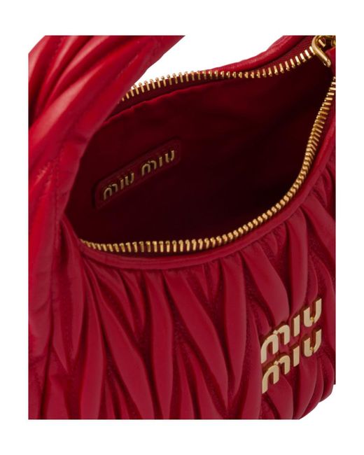 Miu Miu Red Wander Matelassé Logo Plaque Mini Hobo Bag