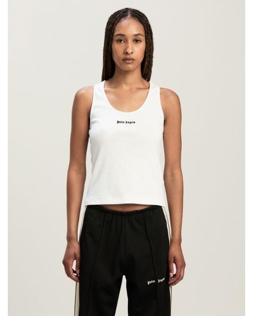 Palm Angels White Logo Embroidered Ribbed Tank Top