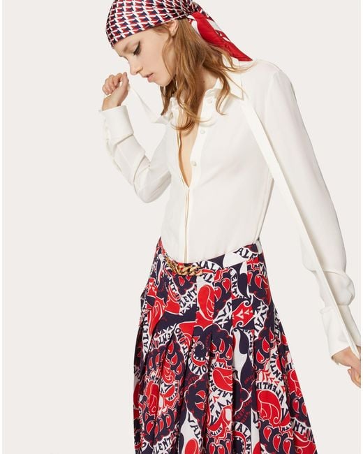 Valentino Red Pussy-Bow Logo Printed Pleated Dress