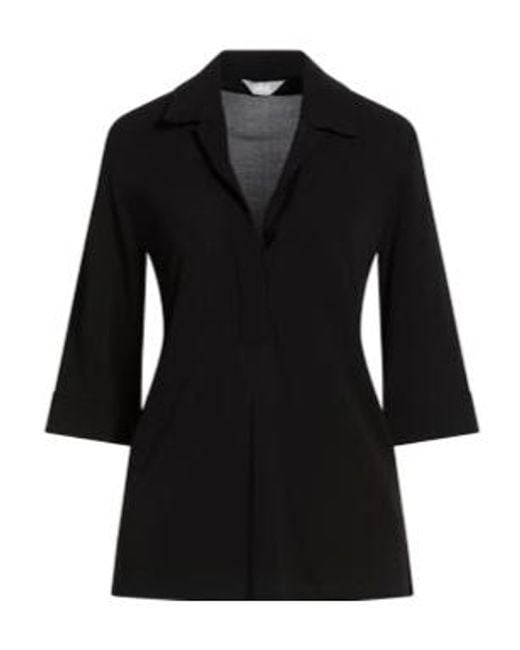 Max Mara Black Collared Half-Placket Three-Quarter Sleeve Top