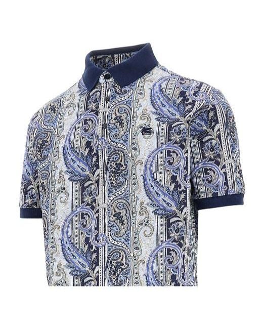 Etro Blue Paisley Motif Short-Sleeved Polo Shirt for men