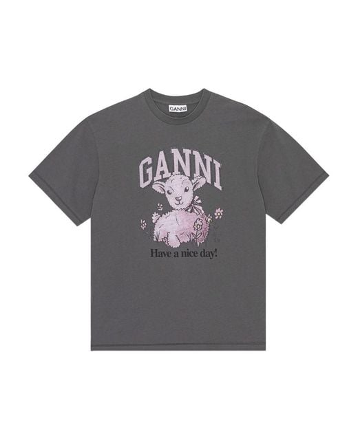 Ganni Gray Logo Printed Crewneck T-Shirt