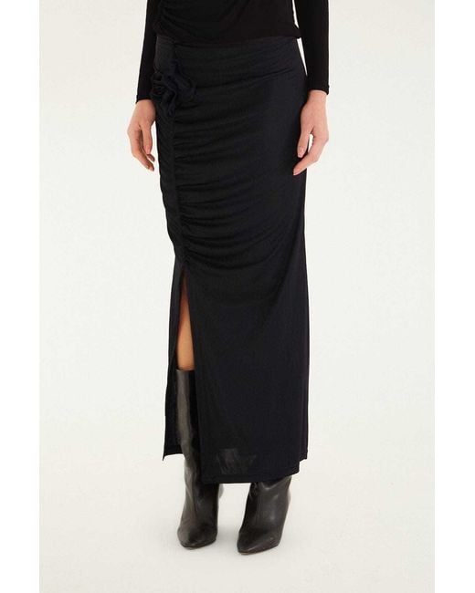 Farm Rio Black Floral-Appliqué Maxi Skirt