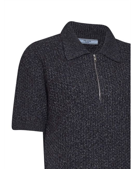 Prada Black Short-Sleeved Wool And Mouliné Cashmere Polo Sweater