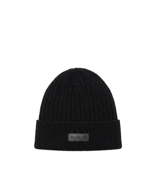 Gucci Black Logo Patch Ribbed Beanie for men