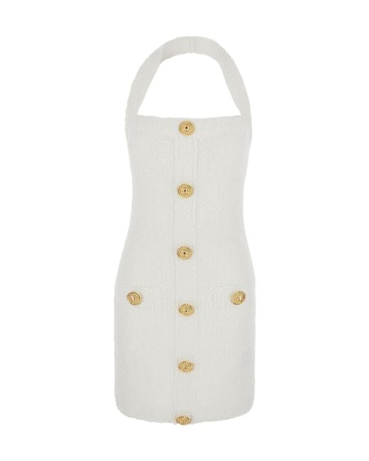 Balmain White Mini Dress With Halterneck And Jewel Buttons