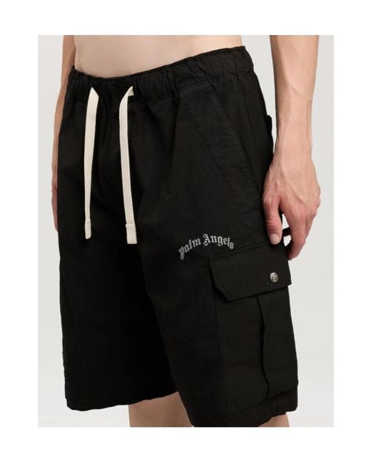 Palm Angels Black Curved Logo Loose Cargo Shorts for men