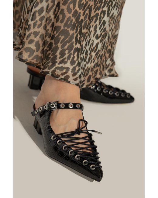 Ganni Black Lace-Up Oleatex Mules