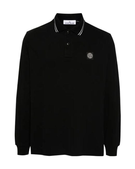 Stone Island Black Logo Long Sleeve Polo Shirt for men