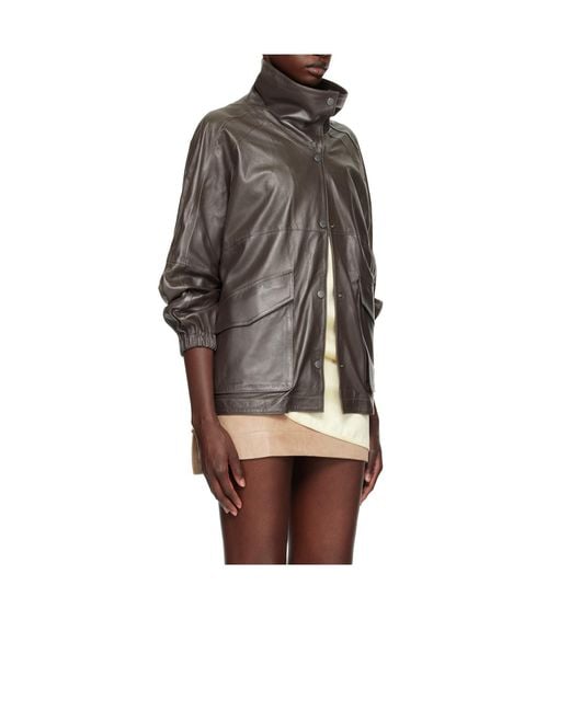 Nour Hammour Gray Stand-Collar Leather Jacket