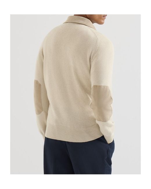 Brunello Cucinelli Natural Cashmere Knit Polo With Suede Collar for men